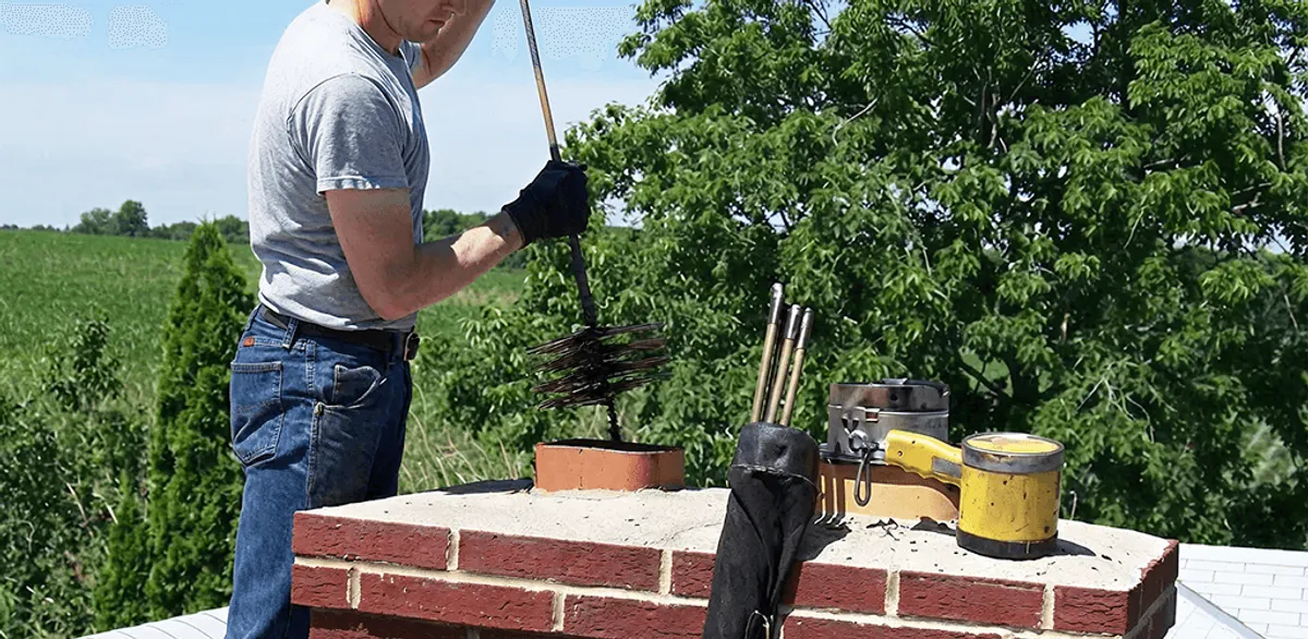 Chimney cleaning technician working on a rooftop chimney with professional tools in Pasadena, CA