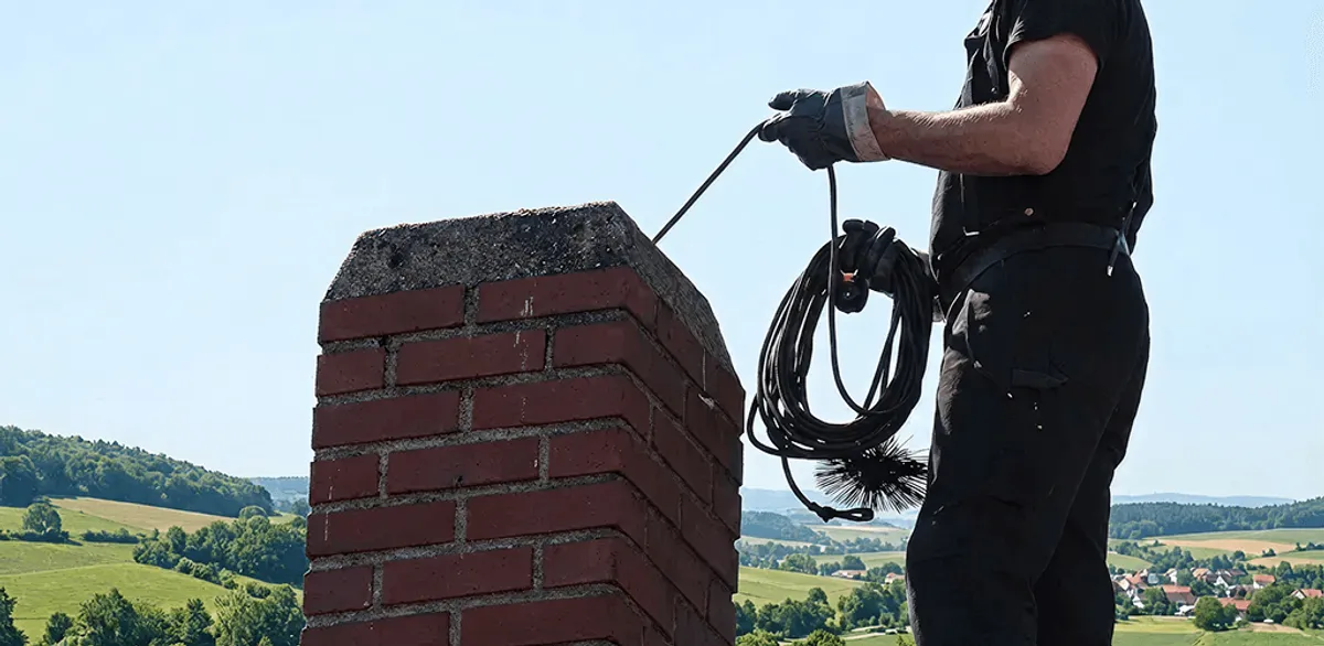 Chimney sweep inspecting and cleaning a rooftop chimney in Pasadena, CA