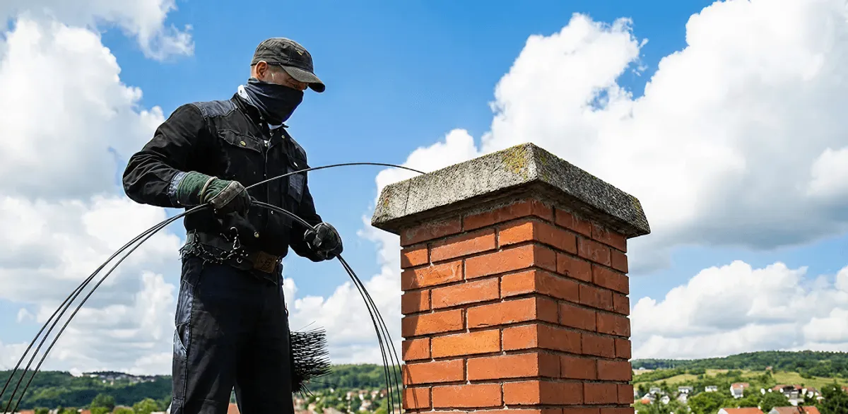 Chimney sweep cleaning a brick chimney with professional tools in Pasadena, CA