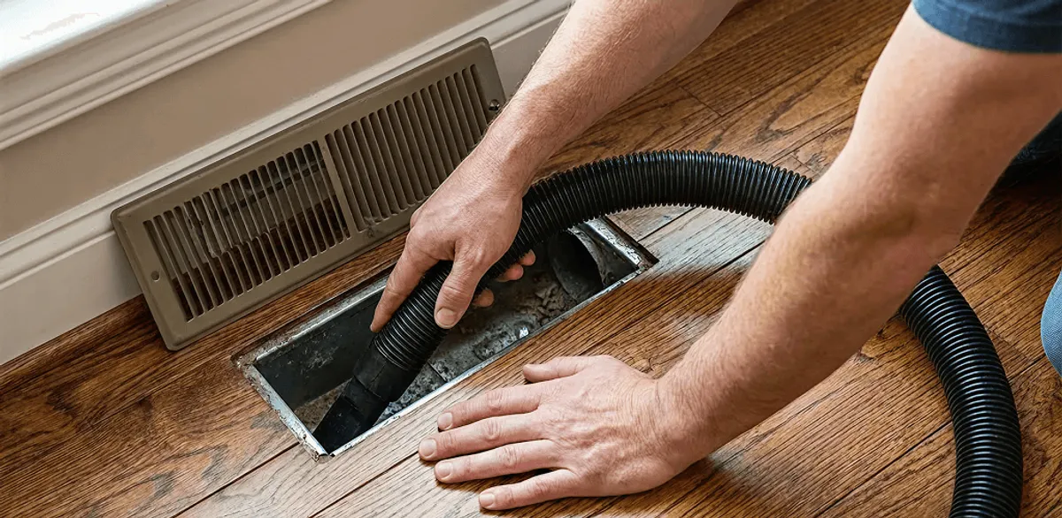 Air duct cleaning technician vacuuming a floor register and duct opening in Pasadena, CA
