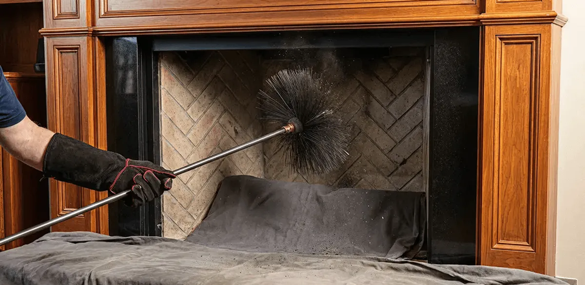 Chimney cleaning service brushing soot from a fireplace and flue in Pasadena, CA