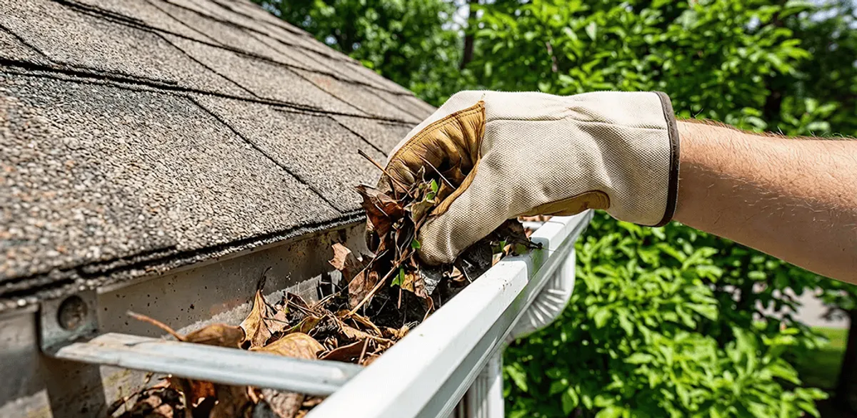 Gutter cleaning removing leaves and debris from roof gutters in Pasadena, CA