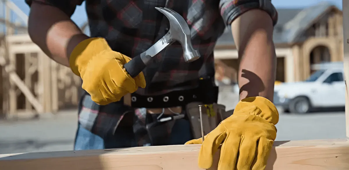 Handyman fixing wood trim with a hammer for home repairs in Pasadena, CA