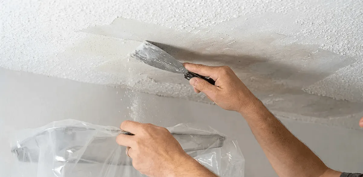 Popcorn ceiling removal technician scraping texture from a ceiling in Pasadena, CA